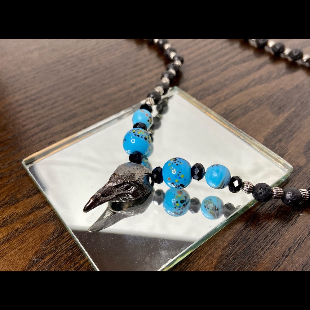 Lava Rock Necklace, Crow Pendant, Homemade, Beaded